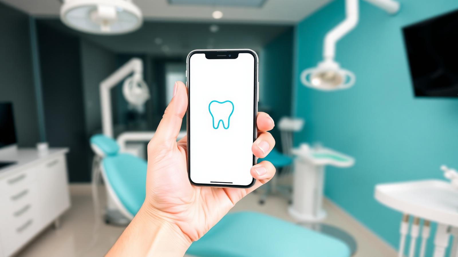 Mão segurando smartphone com o aplicativo Odontolive em um consultório odontológico